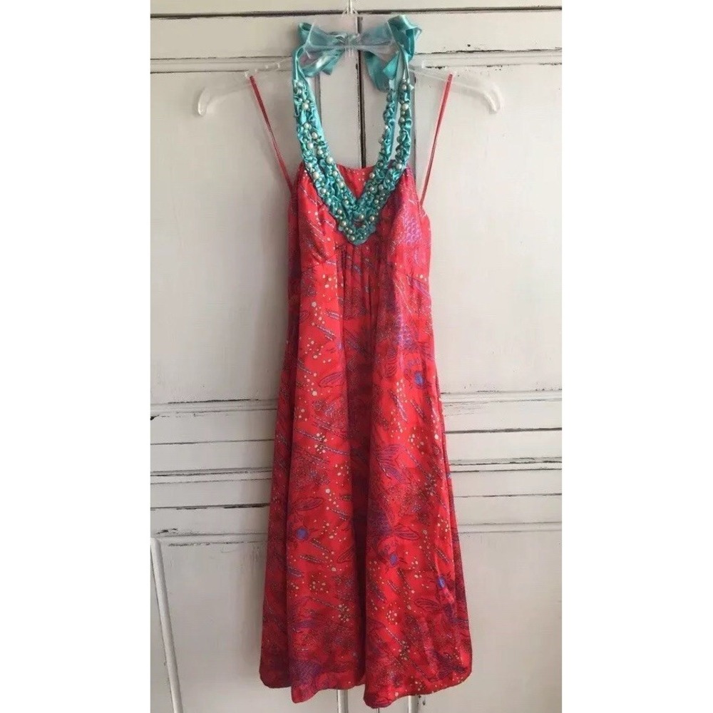 Katherine Australian Boutique Size 6 Halter Dress Red Print Turquoise Pearl